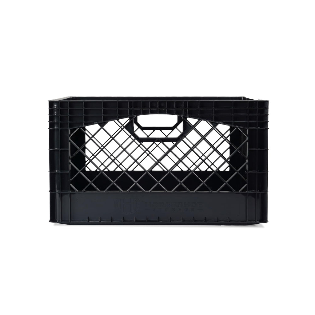 HORSESHOE STORAGE Stackable Milk Crates, 3 Pack, Kitchen Work Commercial Garage Totes, 24 Quart, Heavy Duty Plastic, Black, 19" L x 13" W 11" H