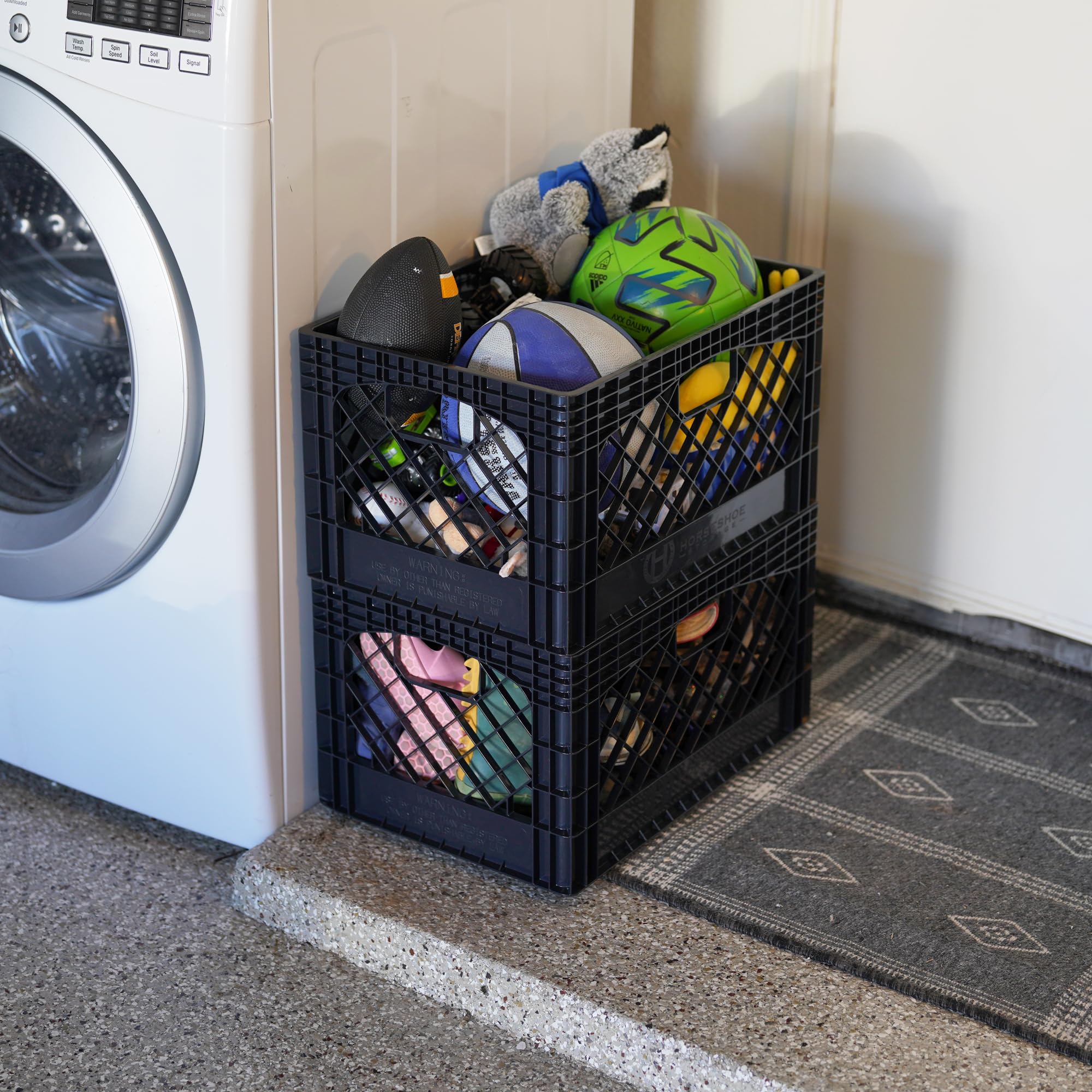 HORSESHOE STORAGE Stackable Milk Crates, 3 Pack, Kitchen Work Commercial Garage Totes, 24 Quart, Heavy Duty Plastic, Black, 19" L x 13" W 11" H