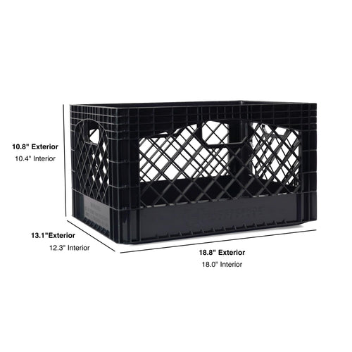 HORSESHOE STORAGE Stackable Milk Crates, 3 Pack, Kitchen Work Commercial Garage Totes, 24 Quart, Heavy Duty Plastic, Black, 19" L x 13" W 11" H