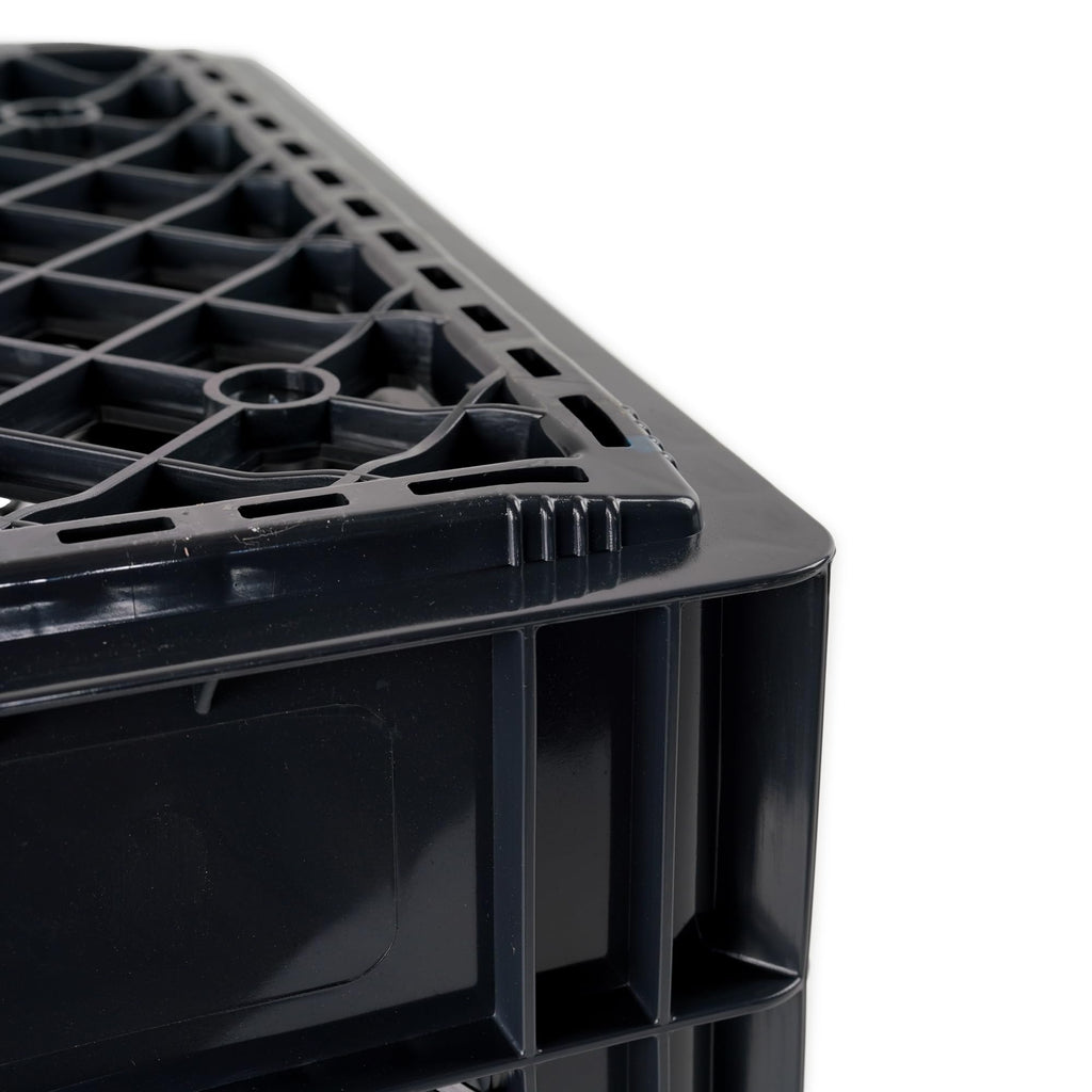 HORSESHOE STORAGE Stackable Milk Crates, Kitchen Work Commercial Garage Totes, 24 Quart, Heavy Duty Plastic, Black, 19" L x 13" W 11" H