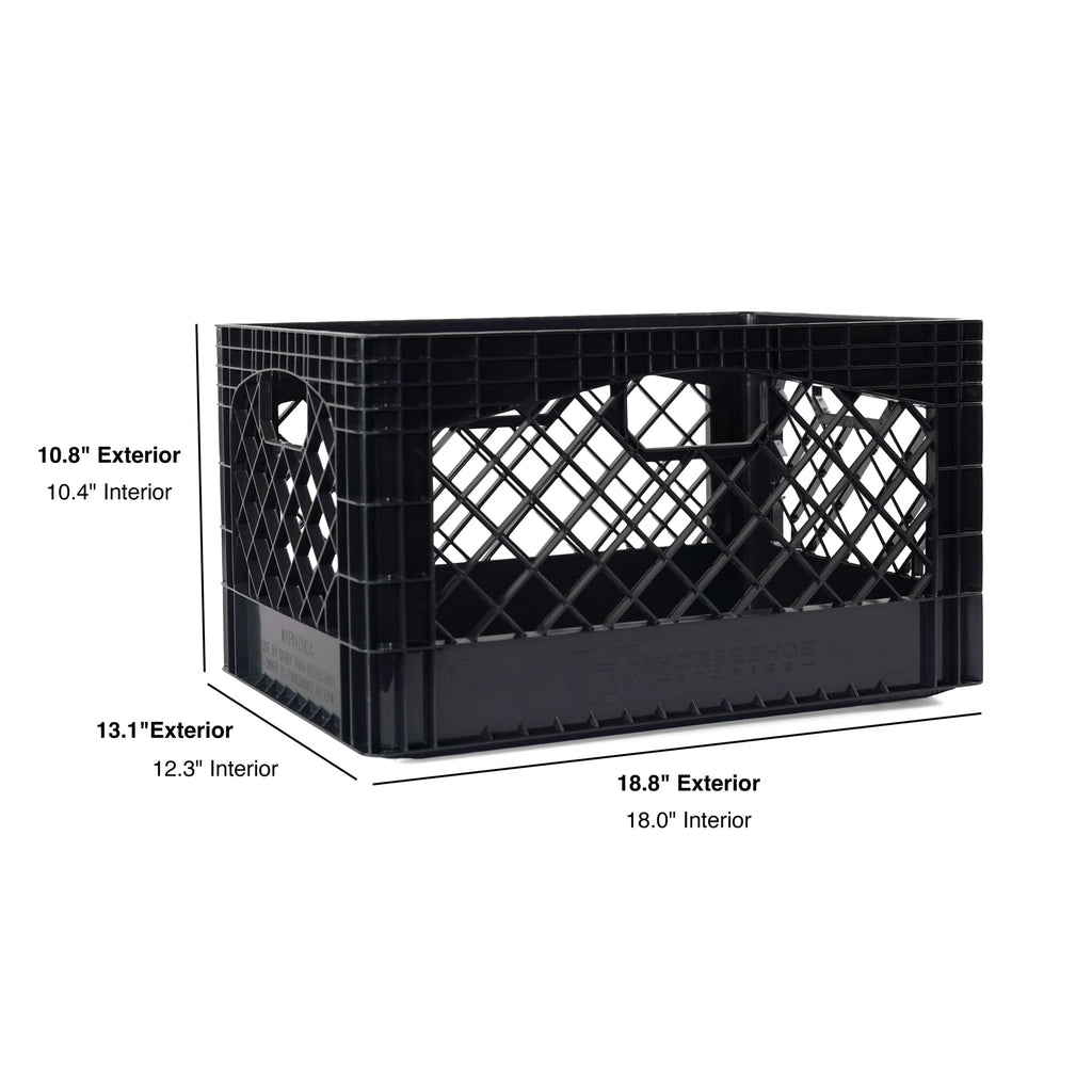 HORSESHOE STORAGE Stackable Milk Crates, Kitchen Work Commercial Garage Totes, 24 Quart, Heavy Duty Plastic, Black, 19" L x 13" W 11" H