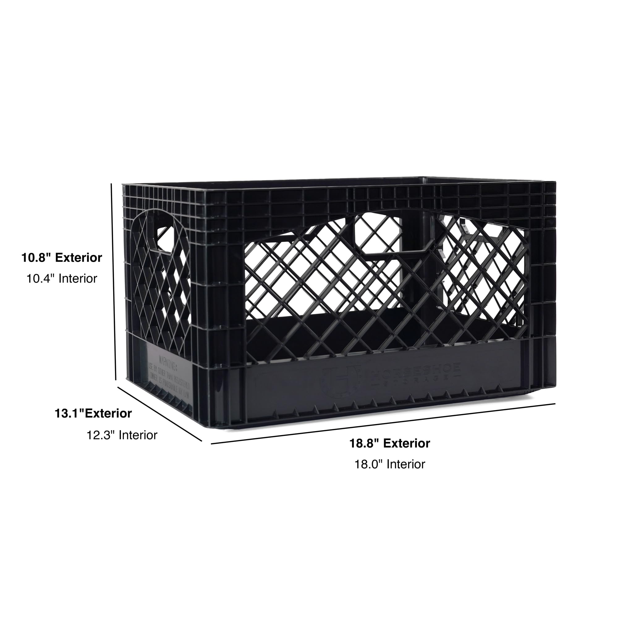 HORSESHOE STORAGE Stackable Milk Crates, Kitchen Work Commercial Garage Totes, 24 Quart, Heavy Duty Plastic, Black, 19" L x 13" W 11" H